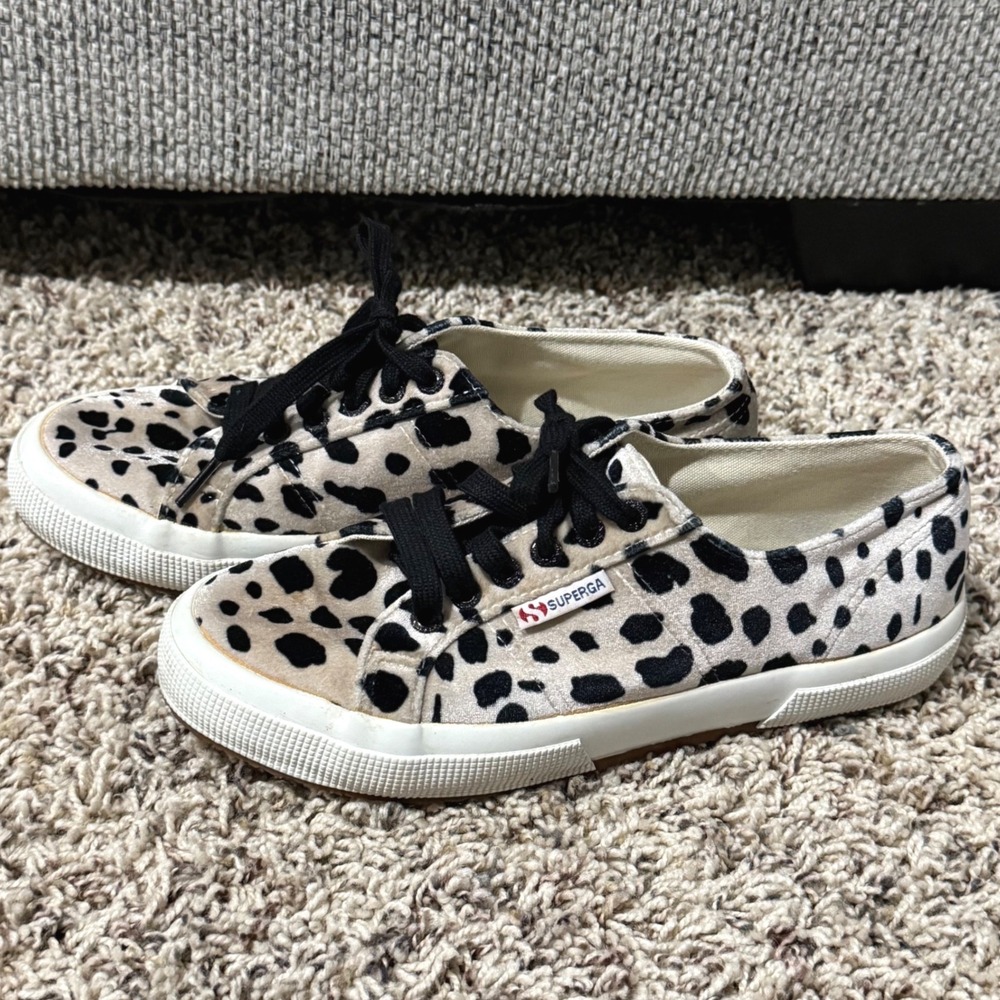 Superga 2750 Dalmatian Leopard Velvet Sneakers Womens 8 Black White S00DKM0